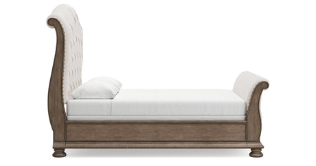 Ardenfield Queen Upholstered Sleigh Bed with Mirrored Dresser in Light Brown from Ashley Furniture - Luna Furniture
