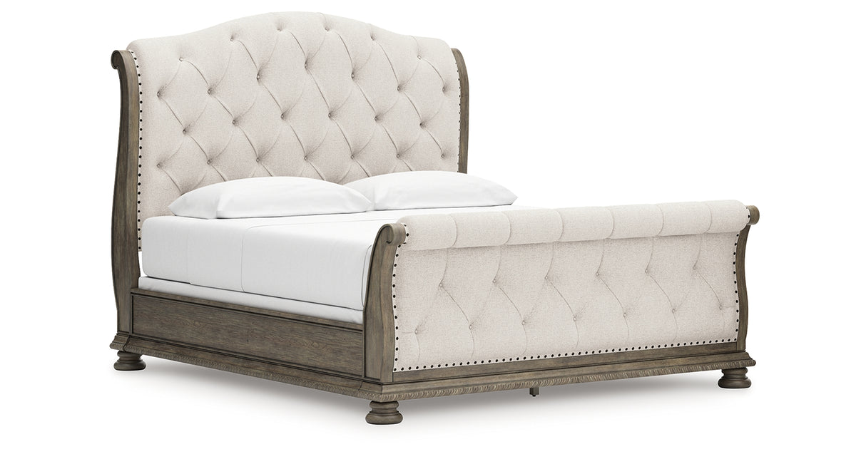 Ardenfield California King Upholstered Sleigh Bed with Mirrored Dresser, Chest and Nightstand in Light Brown from Ashley Furniture - Luna Furniture