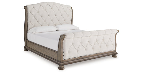 Ardenfield California King Upholstered Sleigh Bed with Mirrored Dresser and 2 Nightstands in Light Brown from Ashley Furniture - Luna Furniture