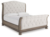 Ardenfield Light Brown King Upholstered Sleigh Bed, Dresser, Mirror, Chest and 2 Nightstands from Ashley - Luna Furniture