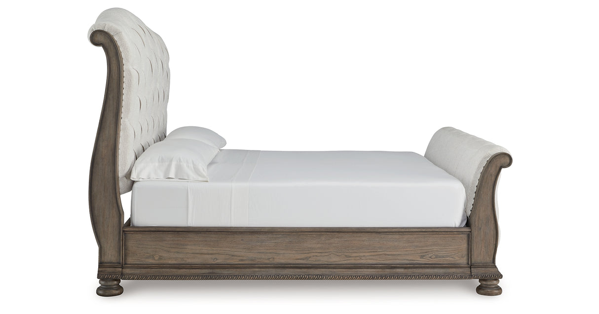 Ardenfield King Upholstered Sleigh Bed with Mirrored Dresser and 2 Nightstands in Light Brown from Ashley Furniture - Luna Furniture