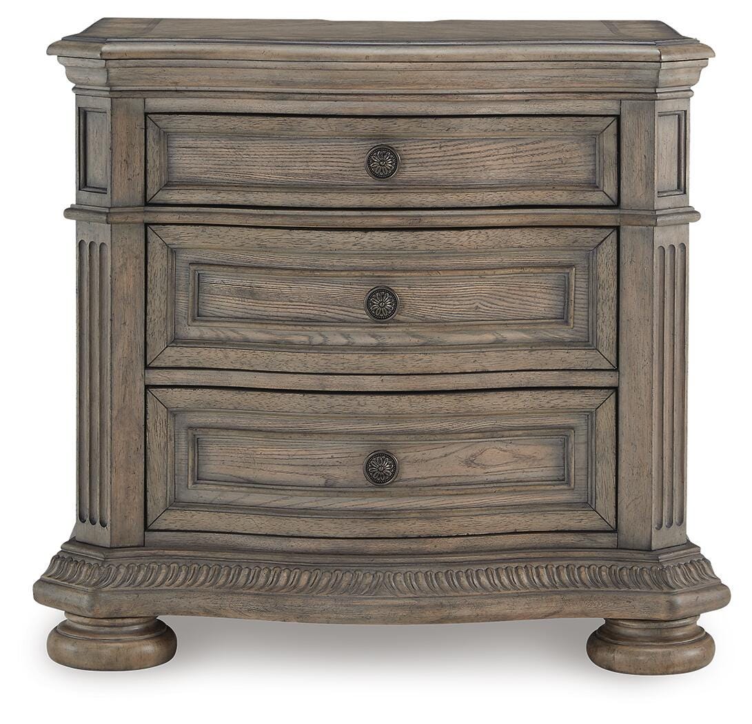 Ardenfield Light Brown King Upholstered Sleigh Bed, Dresser, Mirror, Chest and 2 Nightstands from Ashley - Luna Furniture