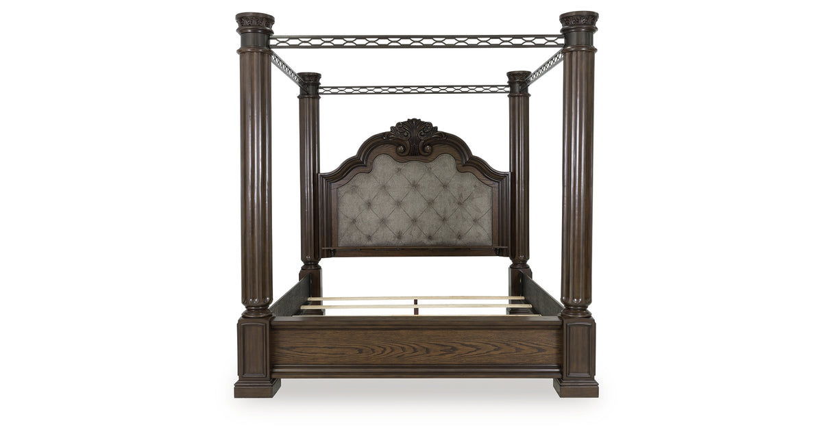 Maylee Dark Brown King Upholstered Canopy Bed from Ashley - Luna Furniture
