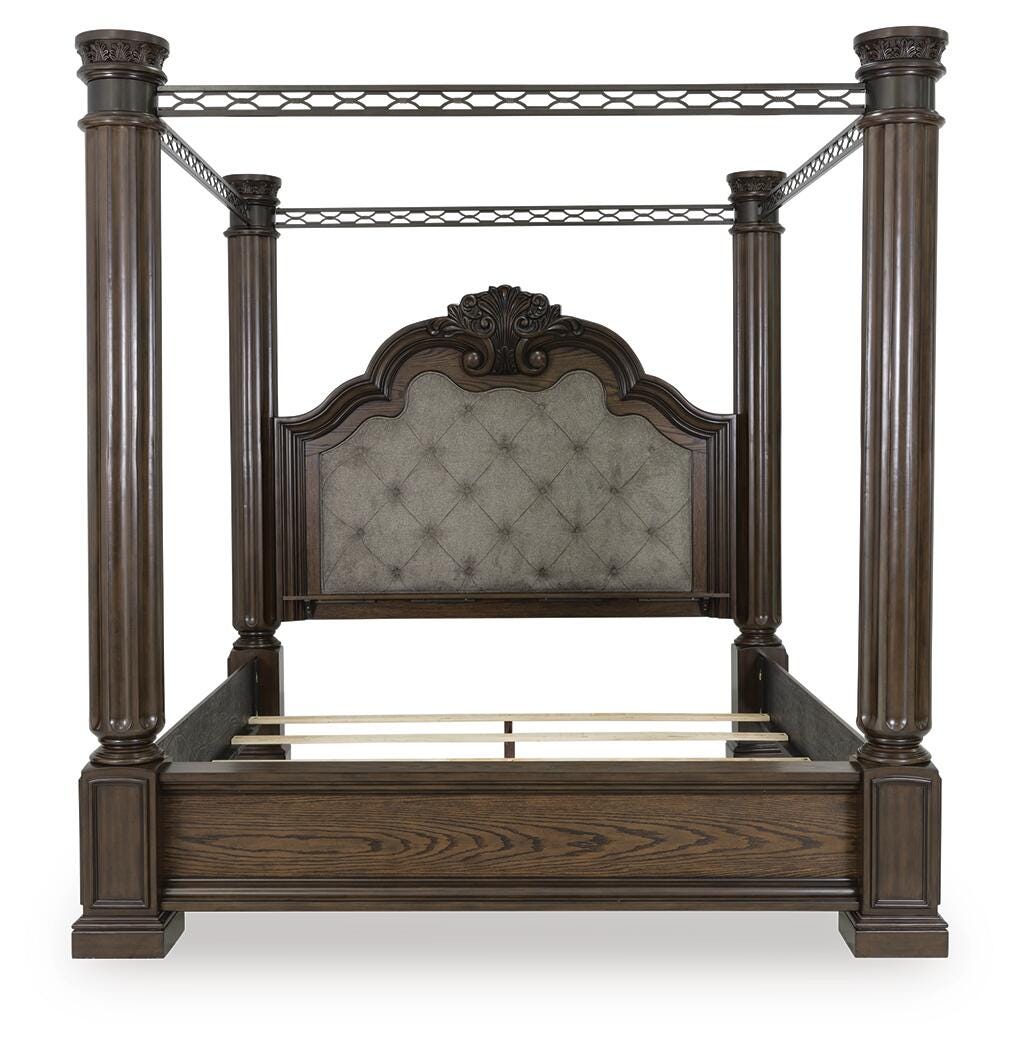 Maylee Dark Brown Queen Upholstered Canopy Bed from Ashley - Luna Furniture