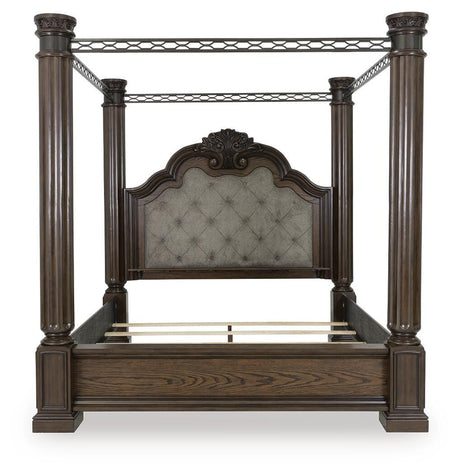 Maylee Dark Brown Queen Upholstered Canopy Bed from Ashley - Luna Furniture