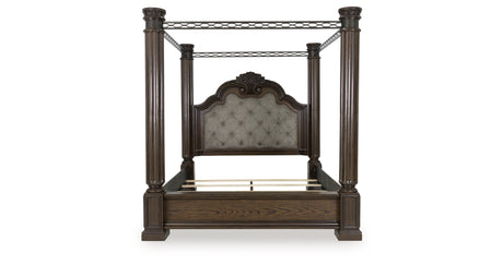 Maylee King Canopy Bed with Mirrored Dresser, Chest and Nightstand in Dark Brown from Ashley - Luna Furniture