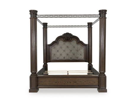 Maylee Dark Brown Upholstered Canopy Bedroom Set from Ashley - Luna Furniture