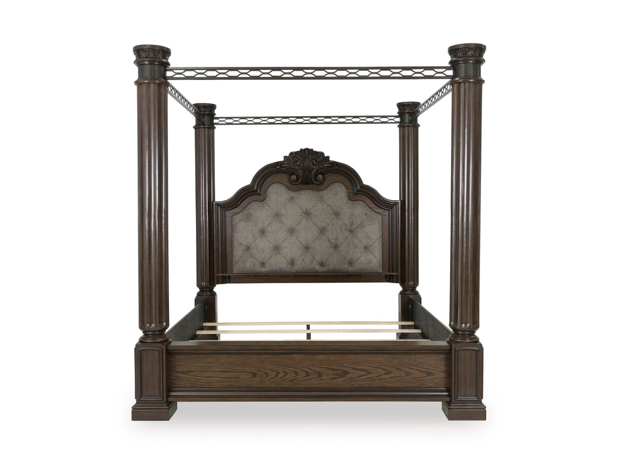 Maylee Dark Brown Queen Upholstered Canopy Bed from Ashley - Luna Furniture