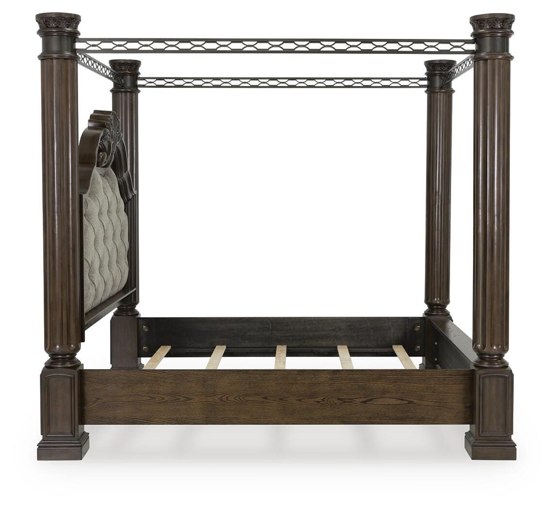 Maylee Dark Brown Queen Upholstered Canopy Bed from Ashley - Luna Furniture