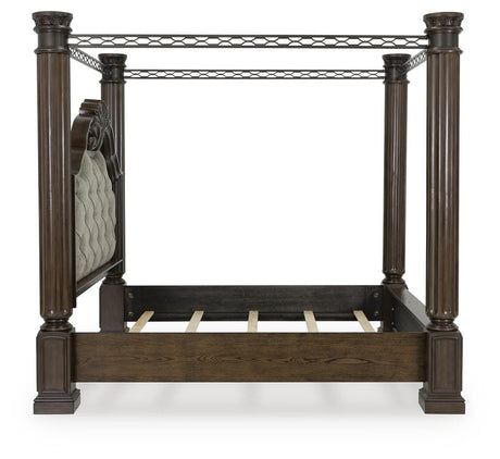 Maylee Dark Brown Queen Upholstered Canopy Bed from Ashley - Luna Furniture