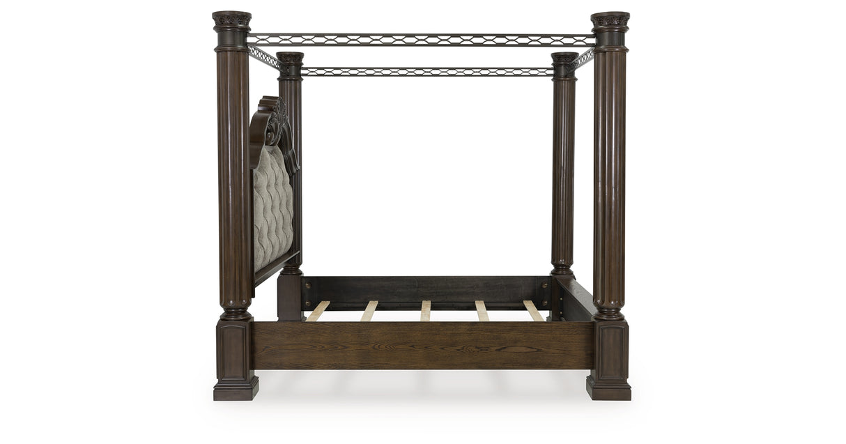 Maylee Dark Brown Queen Upholstered Canopy Bed from Ashley - Luna Furniture