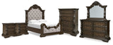Maylee Queen Upholstered Bed with Mirrored Dresser, Chest and 2 Nightstands in Dark Brown from Ashley Furniture - Luna Furniture