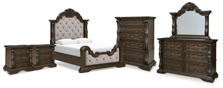 Maylee Queen Upholstered Bed with Mirrored Dresser, Chest and 2 Nightstands in Dark Brown from Ashley - Luna Furniture