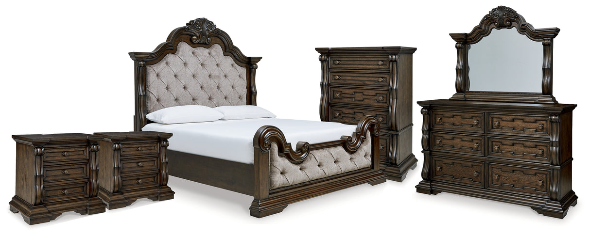 Maylee King Upholstered Bed with Mirrored Dresser, Chest and 2 Nightstands in Dark Brown from Ashley Furniture - Luna Furniture