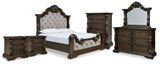 Maylee King Upholstered Bed with Mirrored Dresser, Chest and 2 Nightstands in Dark Brown from Ashley Furniture - Luna Furniture