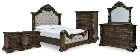 Maylee King Upholstered Bed with Mirrored Dresser, Chest and 2 Nightstands in Dark Brown from Ashley - Luna Furniture