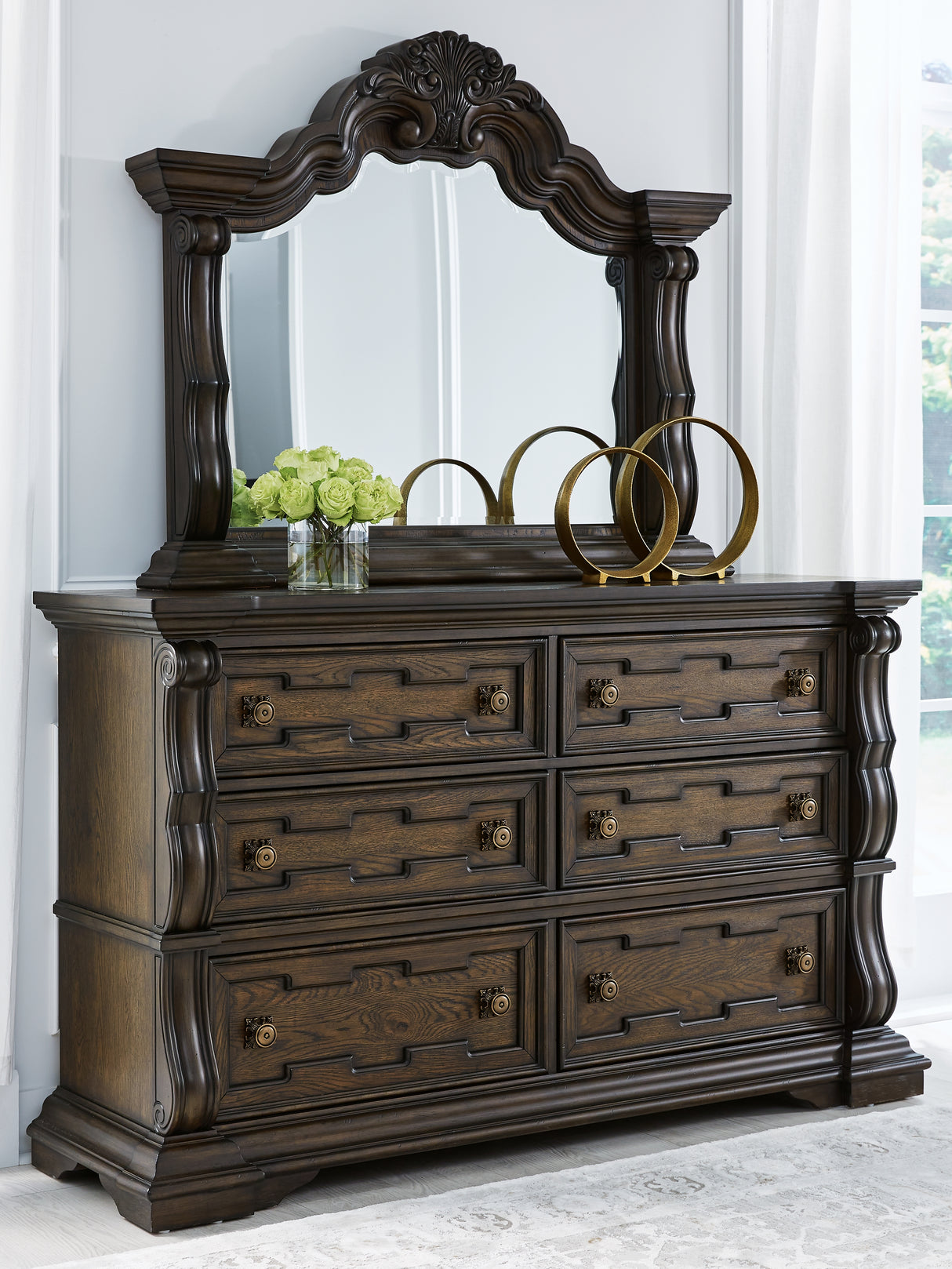 Maylee Queen Upholstered Bed with Mirrored Dresser, Chest and 2 Nightstands in Dark Brown from Ashley Furniture - Luna Furniture