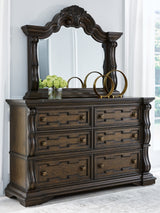 Maylee Queen Upholstered Bed with Mirrored Dresser, Chest and 2 Nightstands in Dark Brown from Ashley Furniture - Luna Furniture