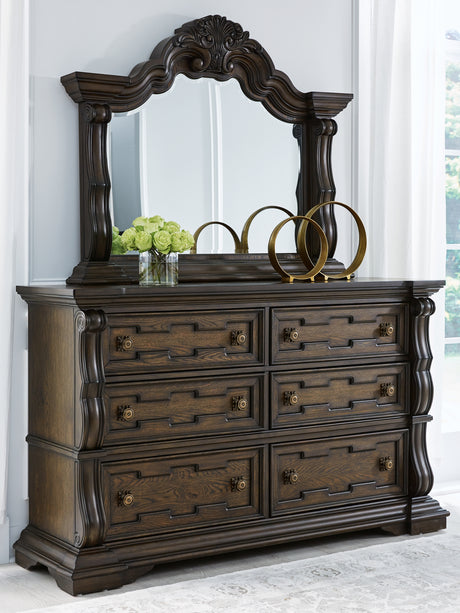Maylee Queen Upholstered Bed with Mirrored Dresser, Chest and 2 Nightstands in Dark Brown from Ashley - Luna Furniture