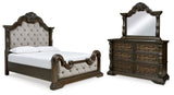 Maylee Dark Brown Queen Upholstered Bed with Mirrored Dresser from Ashley Furniture - Luna Furniture