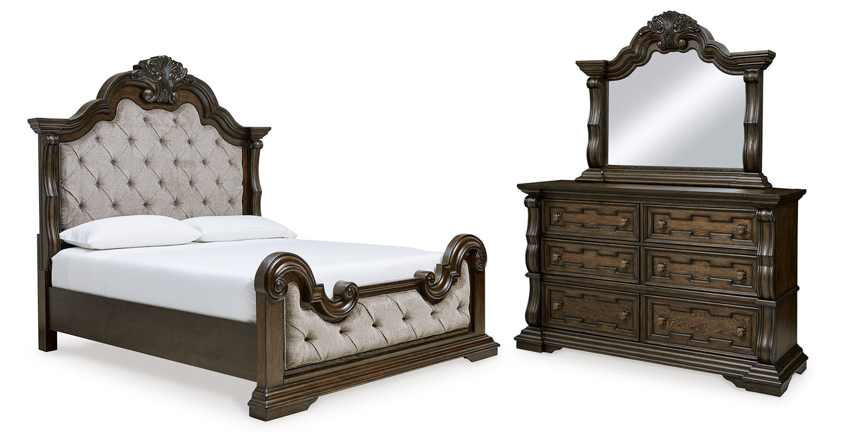 Maylee California King Upholstered Bed with Mirrored Dresser in Dark Brown from Ashley Furniture - Luna Furniture