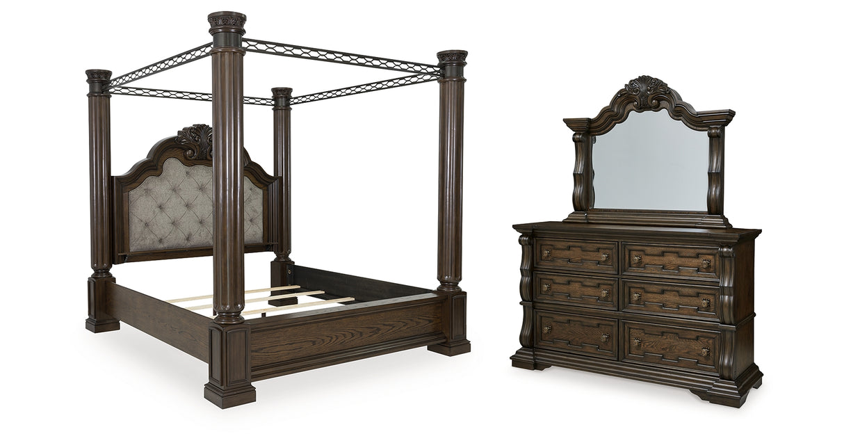 Maylee King Canopy Bed with Mirrored Dresser in Dark Brown from Ashley - Luna Furniture