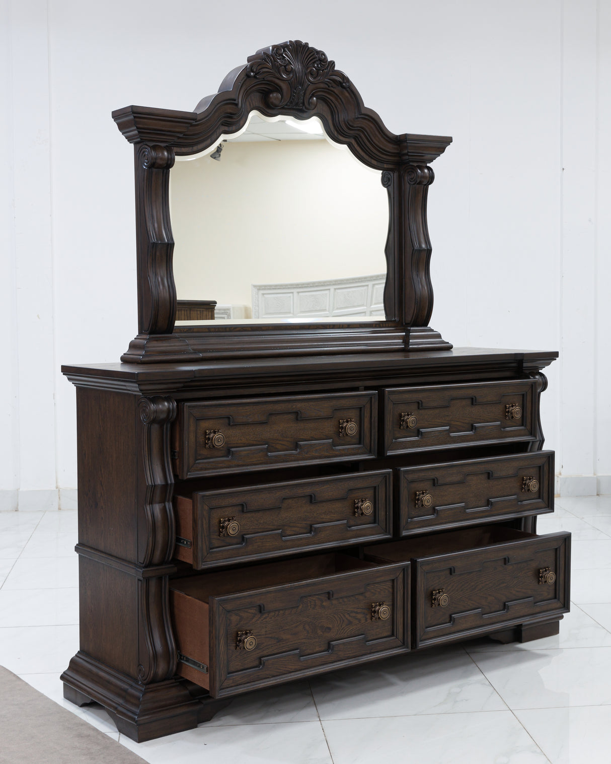 Maylee King Upholstered Bed with Mirrored Dresser, Chest and 2 Nightstands in Dark Brown from Ashley Furniture - Luna Furniture