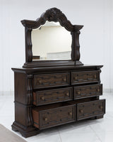 Maylee King Upholstered Bed with Mirrored Dresser, Chest and 2 Nightstands in Dark Brown from Ashley Furniture - Luna Furniture