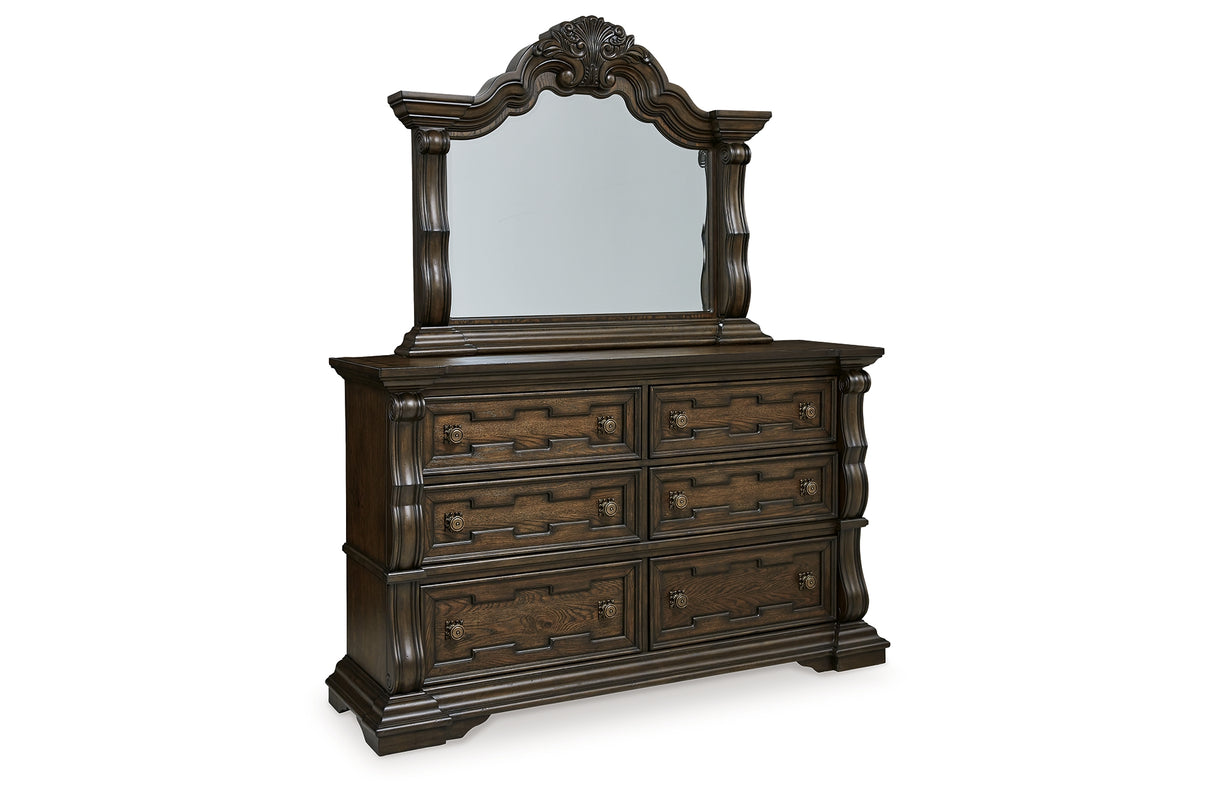 Maylee California King Upholstered Bed with Mirrored Dresser and Nightstand in Dark Brown from Ashley - Luna Furniture