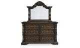 Maylee California King Upholstered Bed with Mirrored Dresser and Nightstand in Dark Brown from Ashley - Luna Furniture