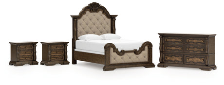 Maylee Dark Brown Queen Upholstered Bed, Dresser and 2 Nightstands from Ashley - Luna Furniture