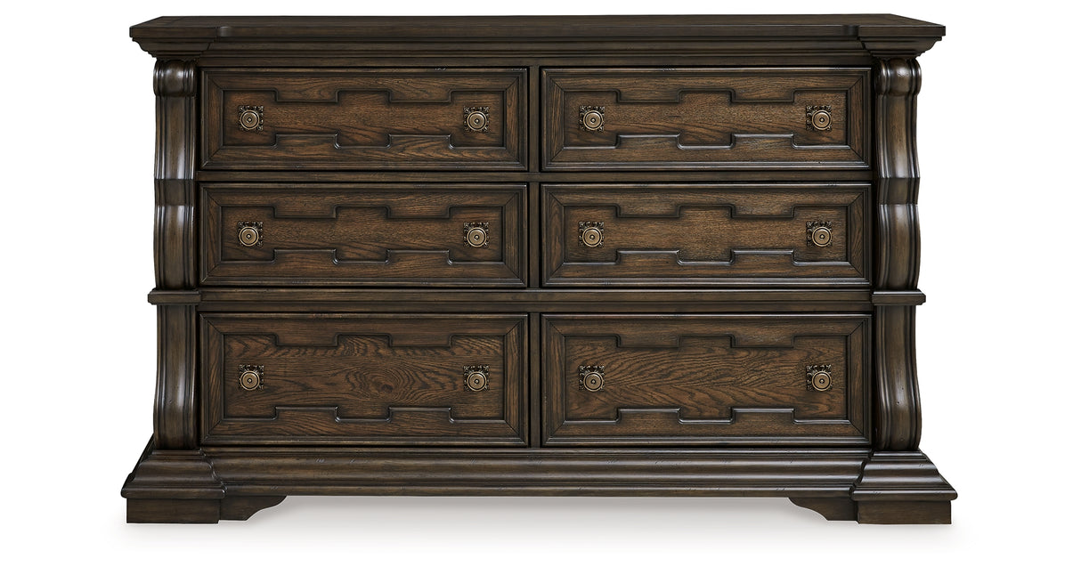 Maylee Dark Brown Queen Upholstered Bed, Dresser and 2 Nightstands from Ashley - Luna Furniture