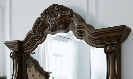 Maylee Dark Brown Queen Upholstered Bed with Mirrored Dresser from Ashley - Luna Furniture