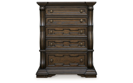 Maylee King Canopy Bed with Mirrored Dresser, Chest and 2 Nightstands in Dark Brown from Ashley - Luna Furniture