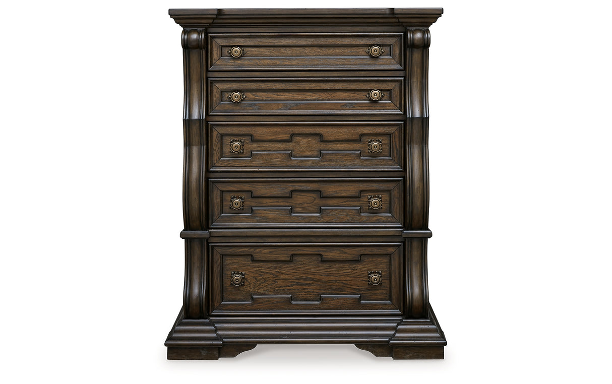 Maylee King Upholstered Bed with Mirrored Dresser, Chest and 2 Nightstands in Dark Brown from Ashley Furniture - Luna Furniture