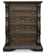 Maylee Dark Brown King Panel Bed, Dresser, Mirror, Chest and Nightstand from Ashley - Luna Furniture