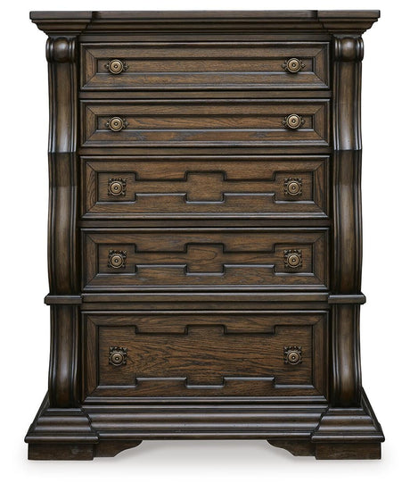 Maylee Dark Brown King Panel Bed, Dresser, Mirror, Chest and Nightstand from Ashley - Luna Furniture