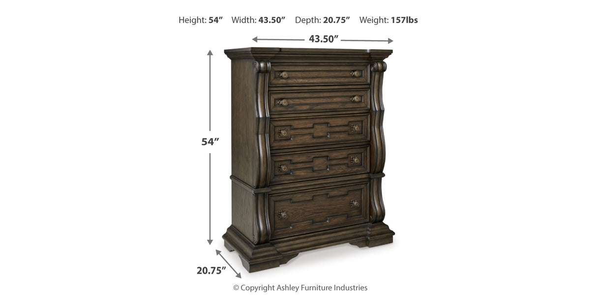 Maylee King Canopy Bed with Mirrored Dresser, Chest and Nightstand in Dark Brown from Ashley - Luna Furniture