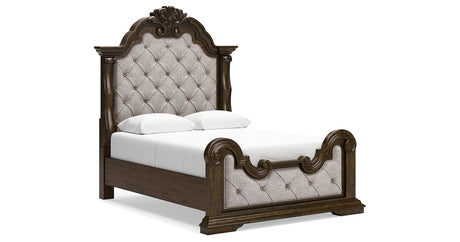 Maylee Dark Brown Queen Upholstered Bed, Dresser and 2 Nightstands from Ashley - Luna Furniture