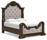 Maylee Queen Upholstered Bed with Mirrored Dresser, Chest and 2 Nightstands in Dark Brown from Ashley Furniture - Luna Furniture