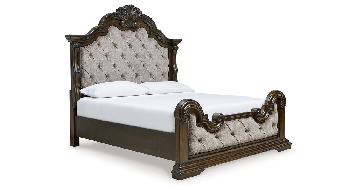 Maylee California King Upholstered Bed with Dresser and Nightstand in Dark Brown from Ashley - Luna Furniture