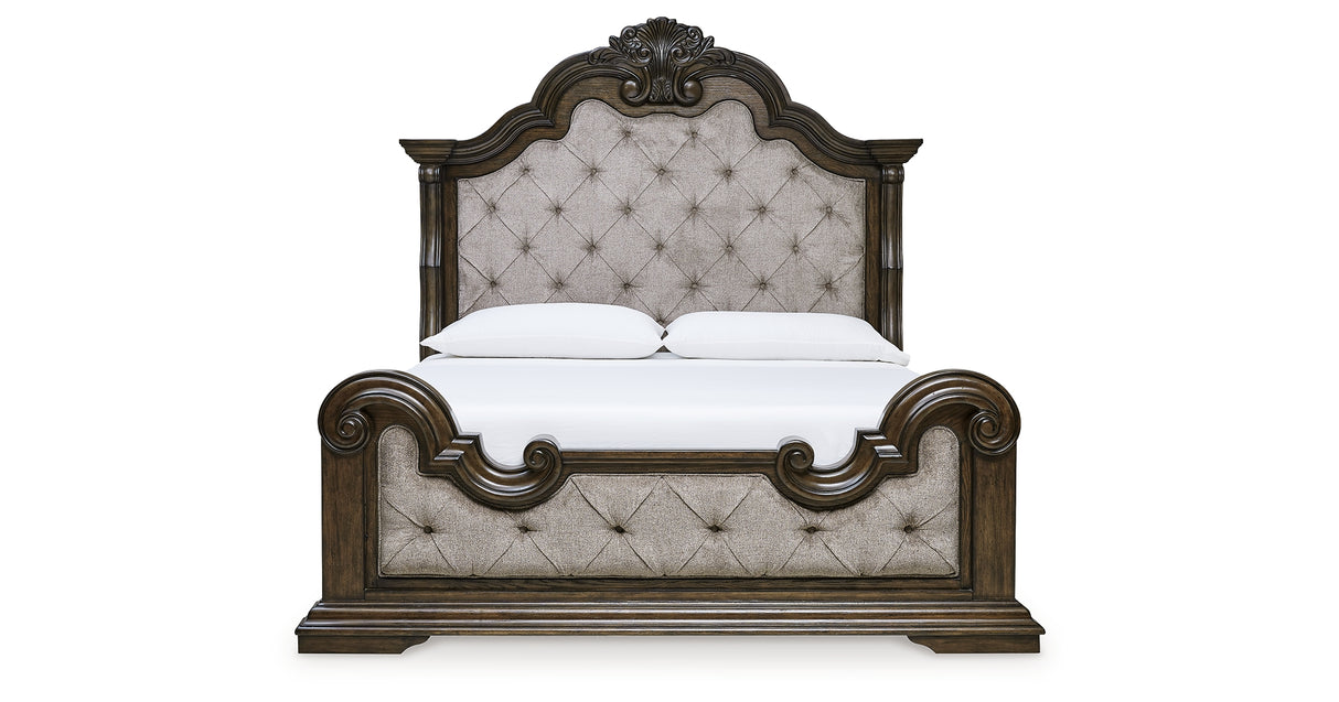 Maylee California King Upholstered Bed with Mirrored Dresser, Chest and 2 Nightstands in Dark Brown from Ashley Furniture - Luna Furniture