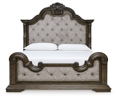 Maylee Dark Brown King Upholstered Panel Bed and Dresser from Ashley - Luna Furniture