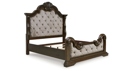 Maylee Dark Brown Queen Upholstered Bed with Mirrored Dresser from Ashley - Luna Furniture