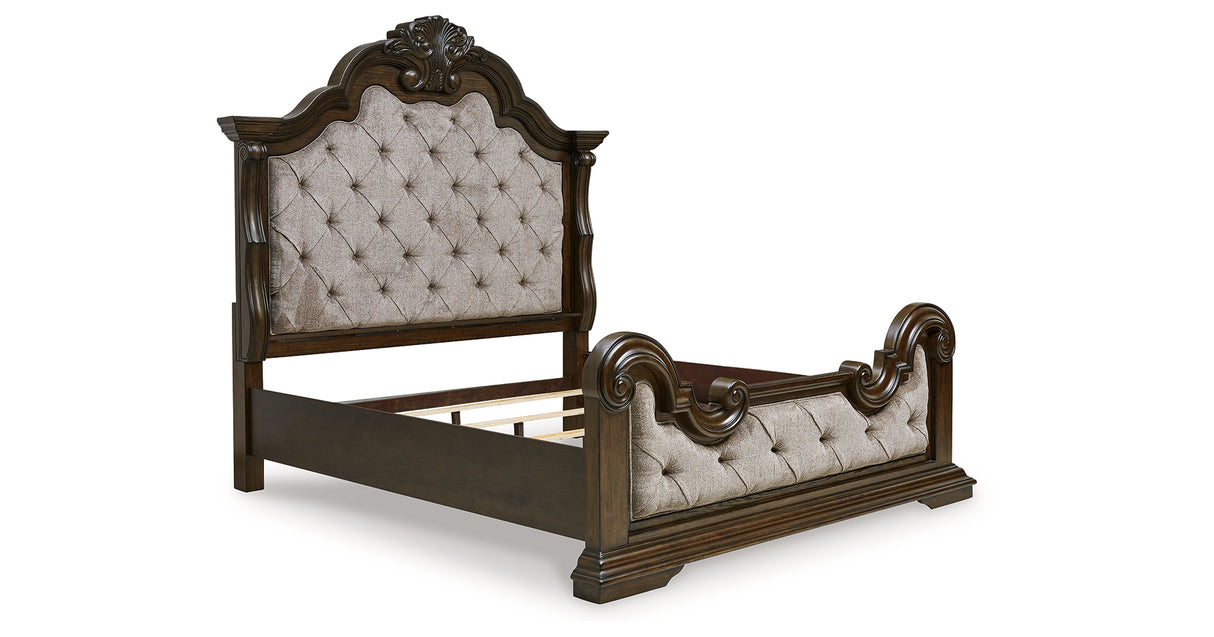 Maylee Dark Brown California King Upholstered Bed with Mirrored Dresser from Ashley Furniture - Luna Furniture