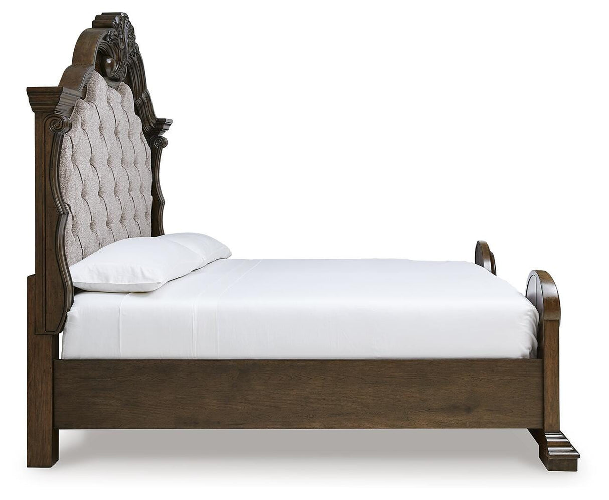 Maylee Dark Brown King Upholstered Bed with Mirrored Dresser from Ashley Furniture - Luna Furniture