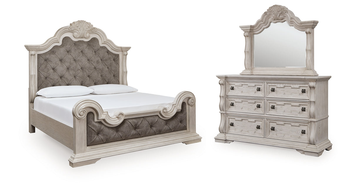 Bruchandi California King Upholstered Panel Bed with Mirrored Dresser in Antique White from Ashley - Luna Furniture