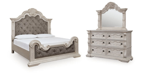 Bruchandi King Upholstered Panel Bed with Mirrored Dresser in Antique White from Ashley - Luna Furniture