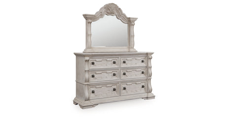 Bruchandi King Upholstered Panel Bed with Mirrored Dresser in Antique White from Ashley - Luna Furniture