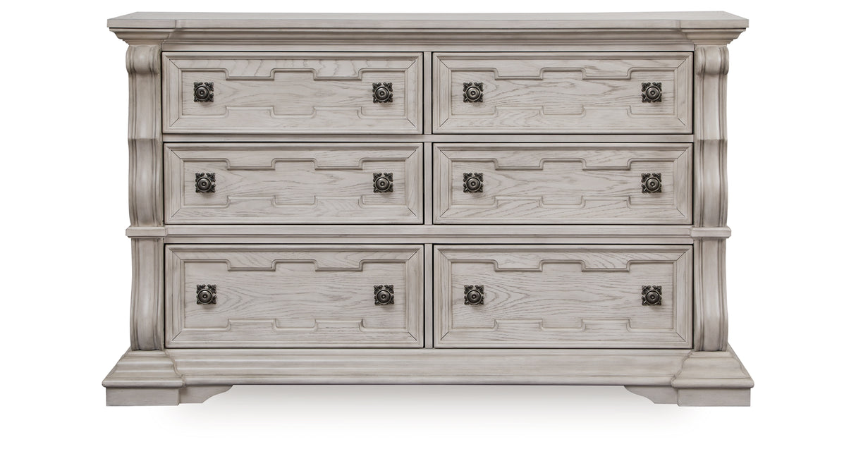 Bruchandi California King Upholstered Panel Bed with Dresser and Chest in Antique White from Ashley Furniture - Luna Furniture